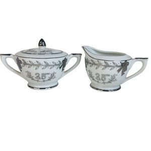 Lefton 25th Anniversary Sugar Bowl With Lid & Creamer Hand Painted Japan Vintage